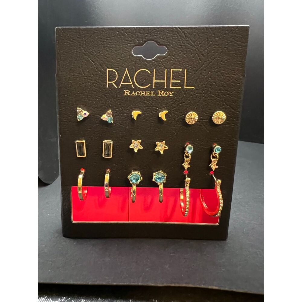 New RACHEL Rachel Roy Blue Gold Tone Studs Rhinestone Hoops Stud 9 Pack Earrings